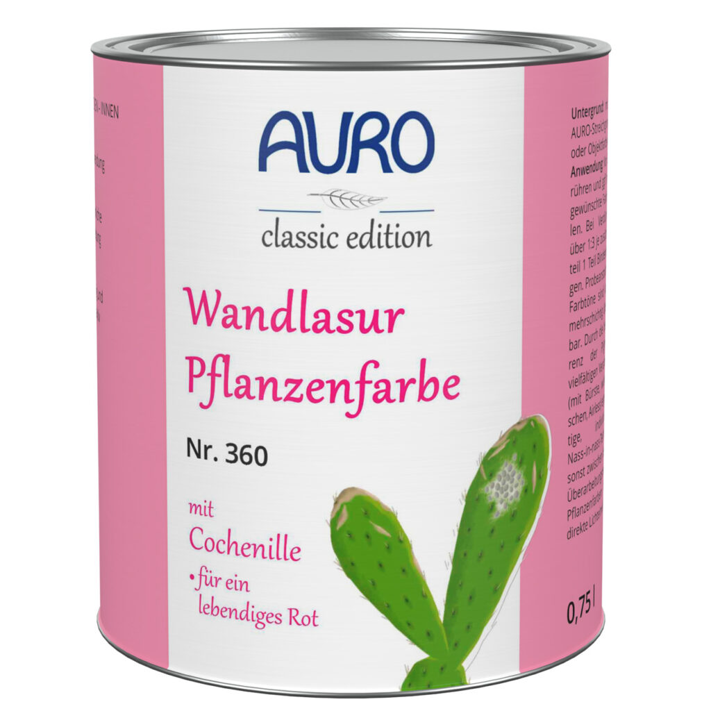 AURO Wandlasur-Pflanzenfarbe Nr. 360 Cochenille-Rot 0,75 L Dose AURO Wandlasur-Pflanzenfarbe Nr. 360 in Cochenille-Rot, 0,75 Liter Dose – pflanzliche Lasur für lebendige Wände