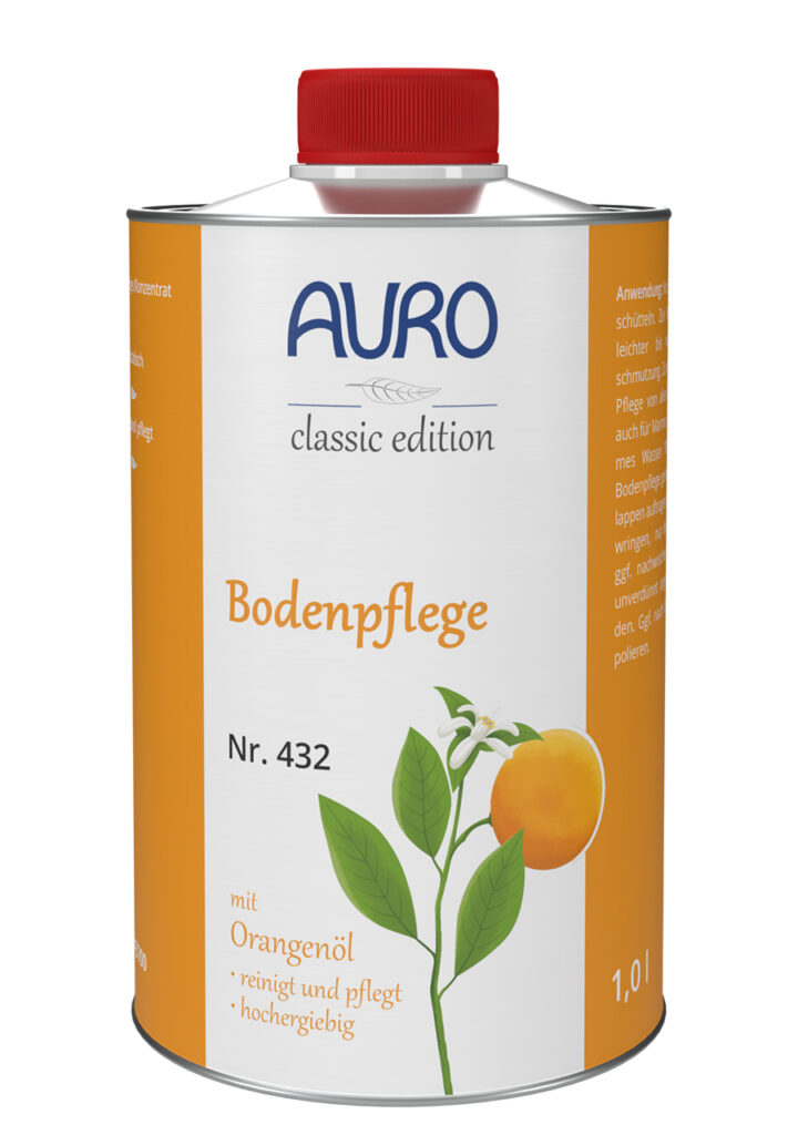AURO Bodenpflege Nr. 432 Reinigungsmittel 1 Liter Blechflasche AURO Bodenpflege Nr. 432 in der 1 Liter Blechflasche – mildes Reinigungsmittel mit Orangenduft für geölte oder gewachste Böden