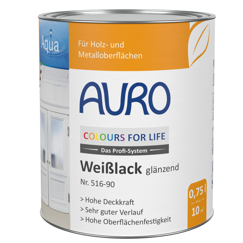 AURO Weißlack glänzend Nr. 516-90, wasserverdünnbar, 0,75 Liter Dose AURO COLOURS FOR LIFE Weißlack glänzend Nr. 516-90, 0,75 Liter Dose für hochwertige Anstriche innen und außen