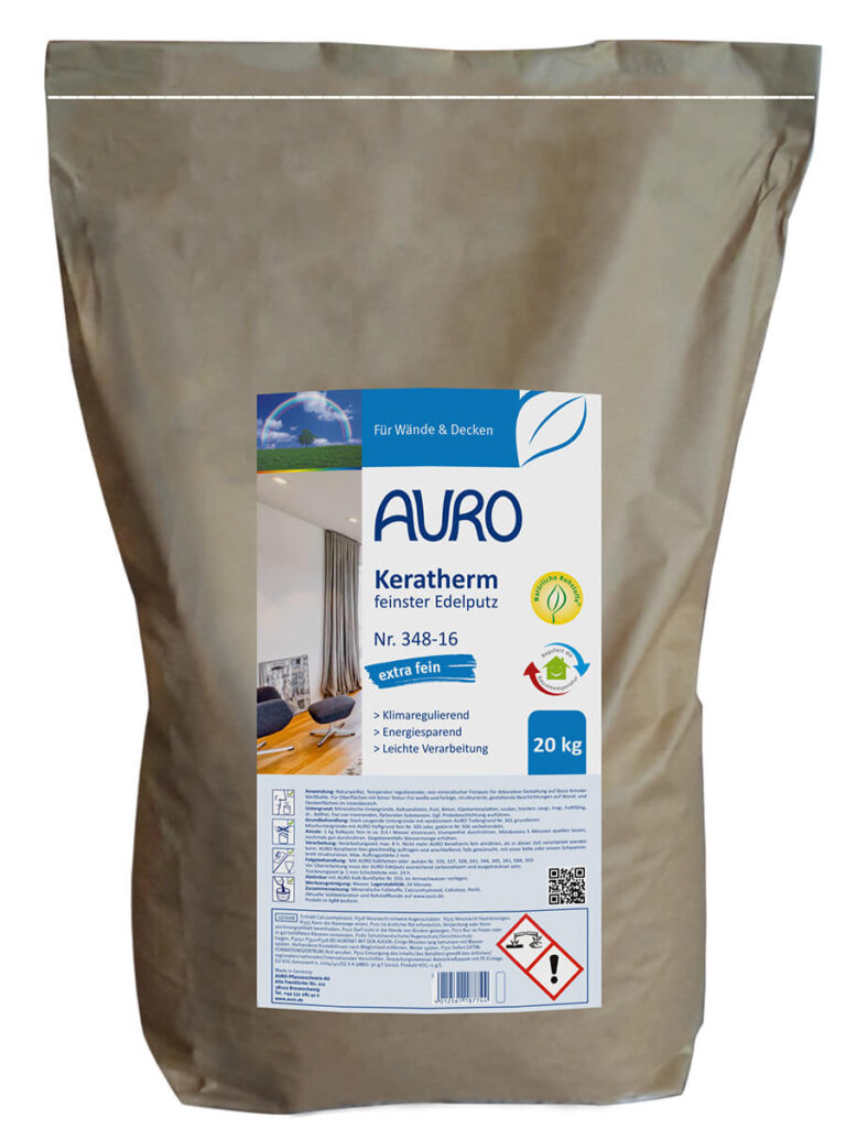 AURO Keratherm, fein Nr. 348-16 Kalkputz 20 kg Sack – feuchtigkeitsregulierend & dekorativ AURO Keratherm, fein Nr. 348-16 als 20 kg Sack – feiner Kalkputz für wohngesundes, schimmelresistentes Raumklima