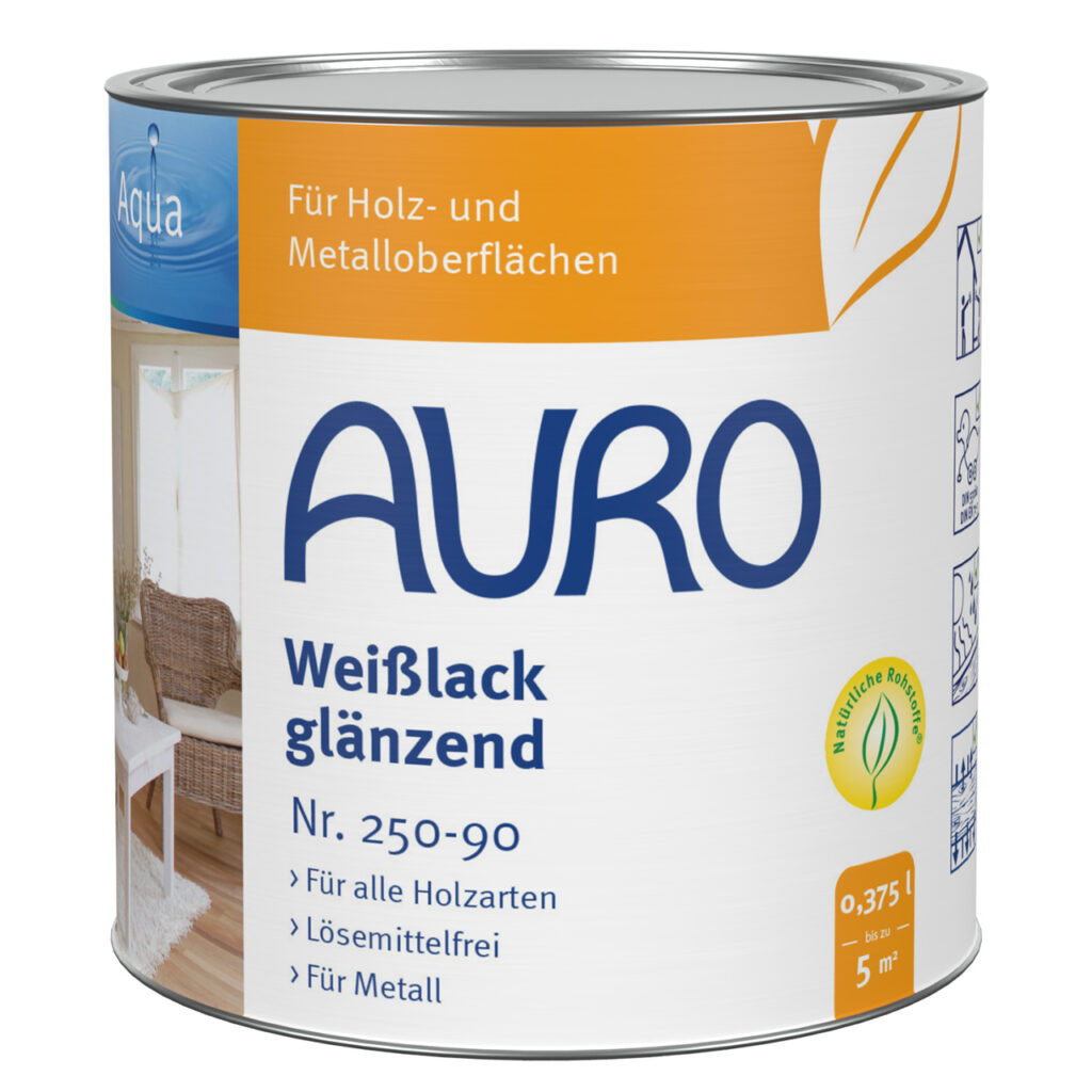 AURO Weißlack glänzend Nr. 250-90 | 0,375 Liter Dose | Holzlack AURO Weißlack glänzend Nr. 250-90 in 0,375 Liter Dose für Holz- und Metallanstriche