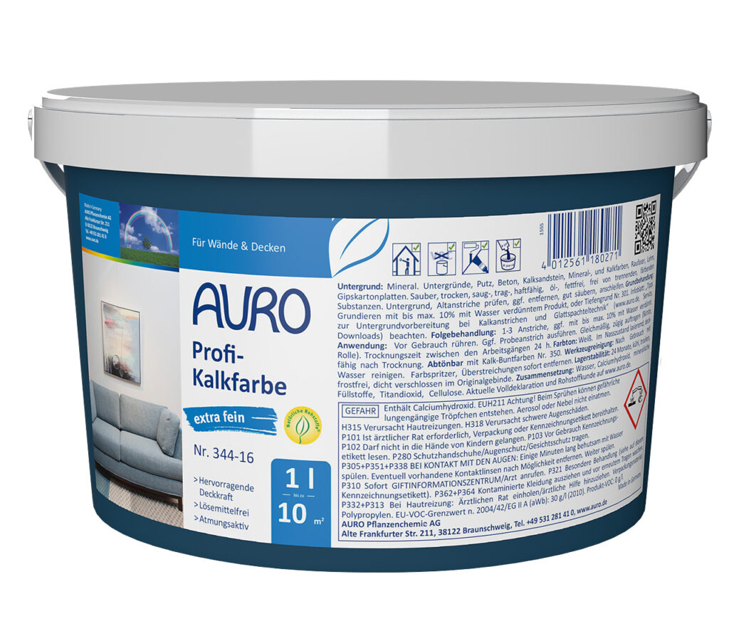 AURO Profi-Kalkfarbe Nr. 344-16 – 1 Liter Gebinde, extra fein, mineralische Wandfarbe AURO Profi-Kalkfarbe, extra fein Nr. 344-16 in 1 Liter Gebinde – mineralische Wandfarbe mit glatter, kalktypischer Oberfläche