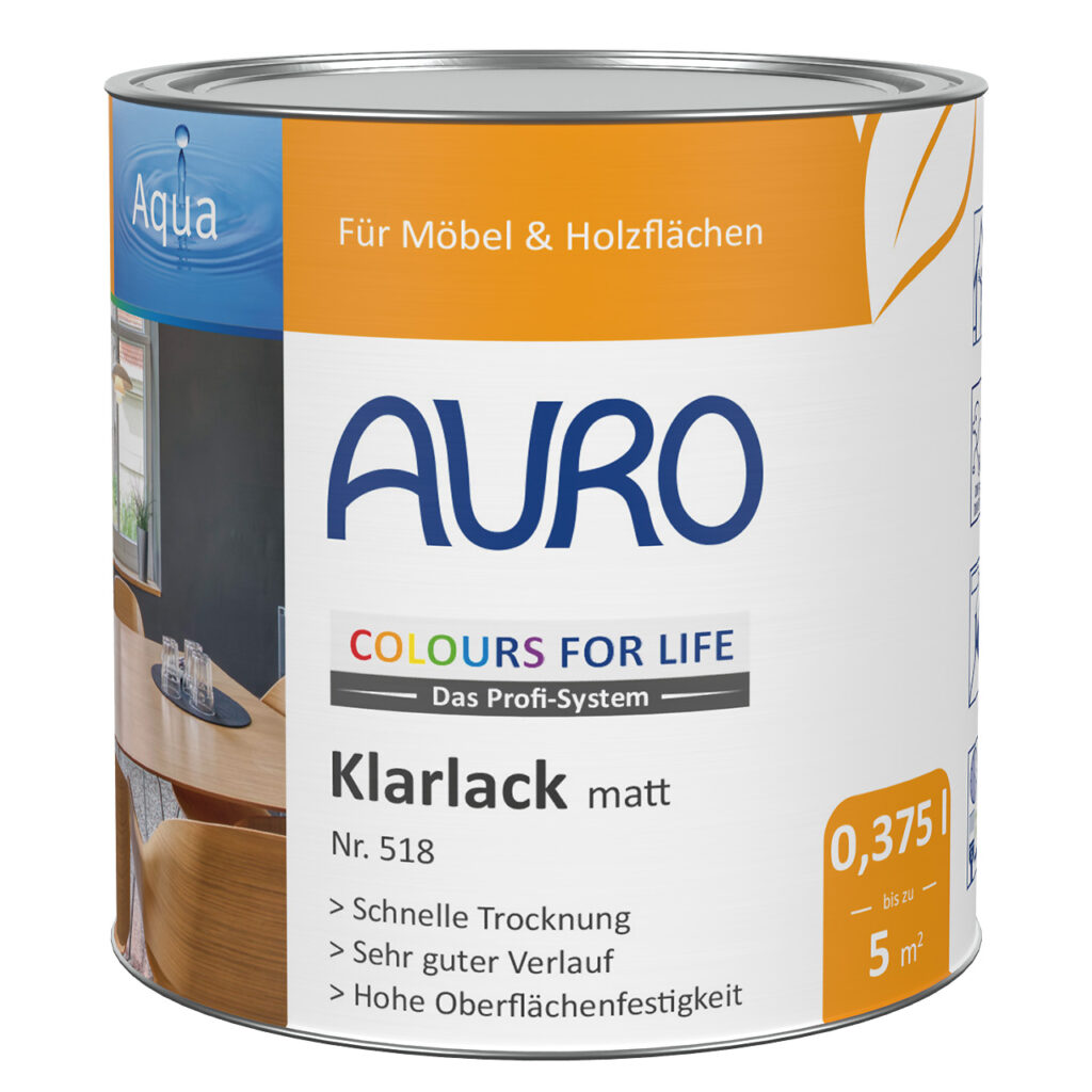 AURO COLOURS FOR LIFE Klarlack, matt Nr. 518, Dose 0,375 Liter AURO COLOURS FOR LIFE Klarlack, matt Nr. 518 in 0,375 Liter Dose für Möbel und Holz im Innenbereich