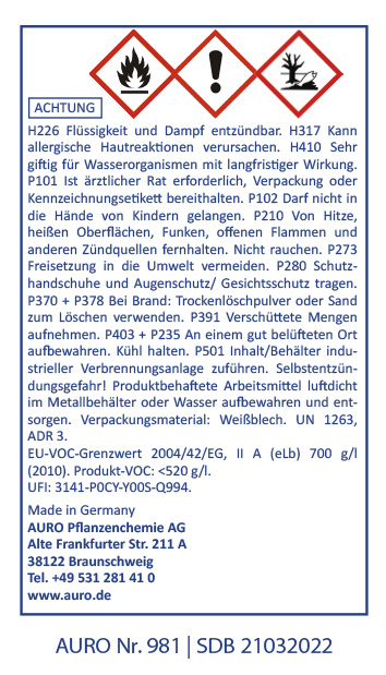 Sicherheitsetikett in deutscher Sprache mit Gefahrensymbolen, Warnung vor entzündlichen und gesundheitsschädlichen Dämpfen, möglicher Hautreizung, Sicherheitshinweisen, Notfallmaßnahmen, Herstellerangaben und AURO-Produktnummer 981.