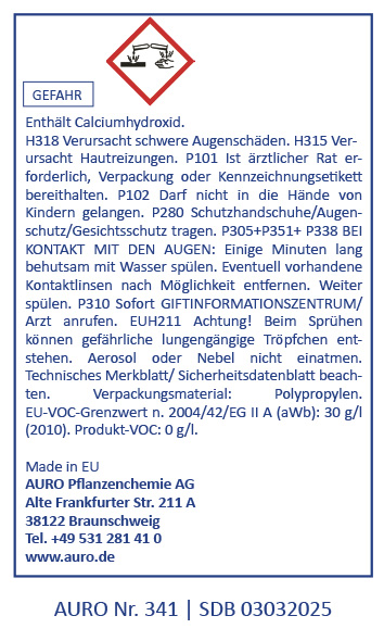 Gefahrenstoff-Symbol Ein deutsches Chemikaliensicherheitsetikett mit Gefahrensymbolen und ausführlichen Sicherheitshinweisen für ein Produkt, das Calciumhydroxid enthält, zusammen mit Kontaktinformationen des Herstellers und Zertifizierungsdetails in einem blau umrandeten Fel