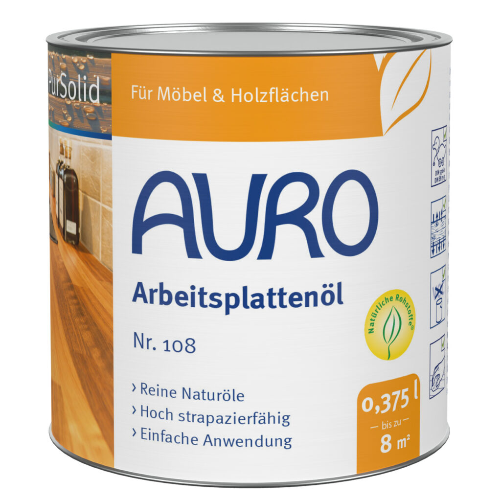 AURO Arbeitsplattenöl Nr. 108 in 0,375 Liter Dose – natürliches Holzöl für Küchenarbeitsplatten aus Massivholz