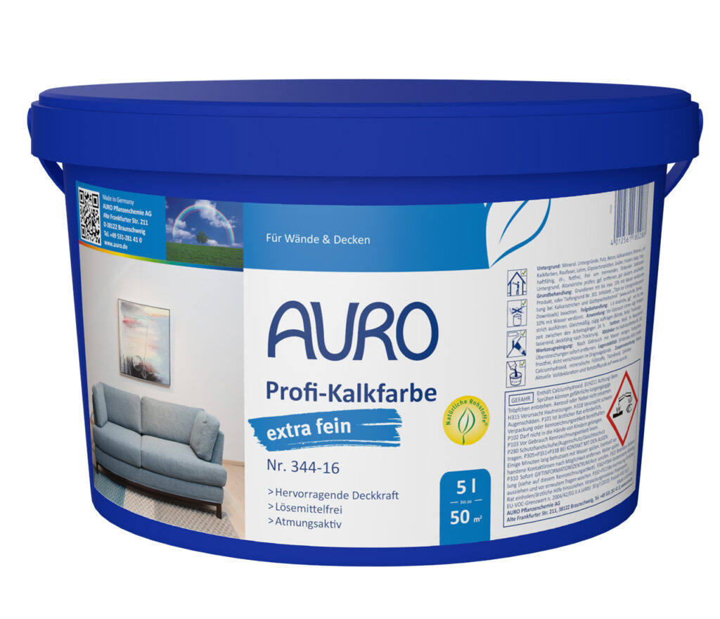 AURO Profi-Kalkfarbe Nr. 344-16 – 5 Liter Gebinde, extra fein, für Innenwände AURO Profi-Kalkfarbe, extra fein Nr. 344-16 in 5 Liter Gebinde – geruchsabsorbierend und diffusionsoffen für Innenräume