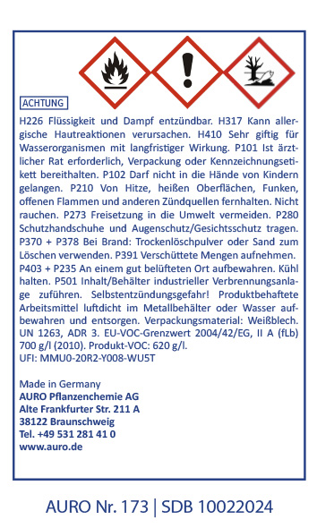 Gefahrenstoff-Symbol Deutsches Chemikaliensicherheitsetikett mit Warnsymbolen für Entzündlichkeit, Gesundheitsgefahr und Umweltgefährdung. Enthält Sicherheitshinweise, Gefahrenhinweise, Herstellerinformationen und Notfallkontaktdaten.