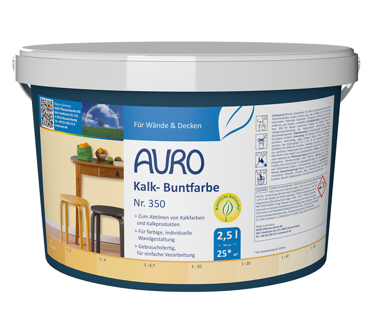 AURO Kalk-Buntfarbe Nr. 350 – 2,5 Liter Gebinde für bunte Kalkoberflächen AURO Kalk-Buntfarbe Nr. 350 als 2,5 Liter Gebinde für intensive Farbgestaltung mit Kalkprodukten