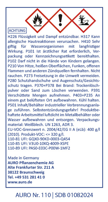 Gefahrenstoff-Symbol Warnhinweisschild mit Gefahrensymbolen für entzündlich, gesundheitsschädlich und umweltgefährdend. Enthält Sicherheitshinweise, Firmenkontakt und Produktdetails. Gedruckt auf weißem Hintergrund mit blauem Text.