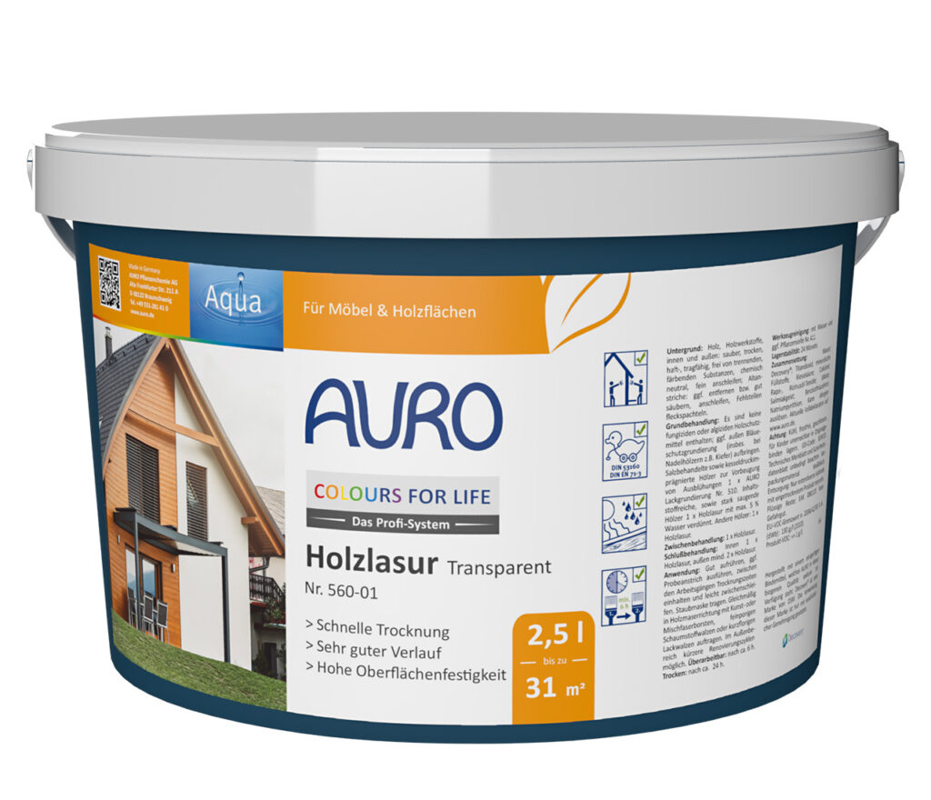 AURO COLOURS FOR LIFE Holzlasur transparent Nr. 560-01 im 2,5 Liter Gebinde zur Pflege und Schutz von Holz im Innen- und Außenbereich